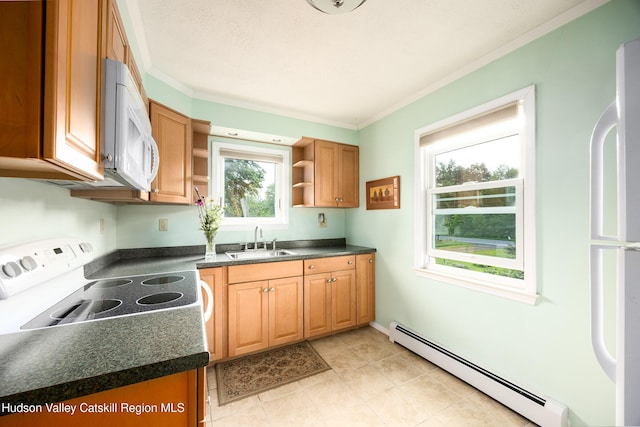 219 Rte 32, New Paltz, NY 12561 - kitchen with baseboard heating, open shelves, dark countertops, white appliances, and ornamental molding