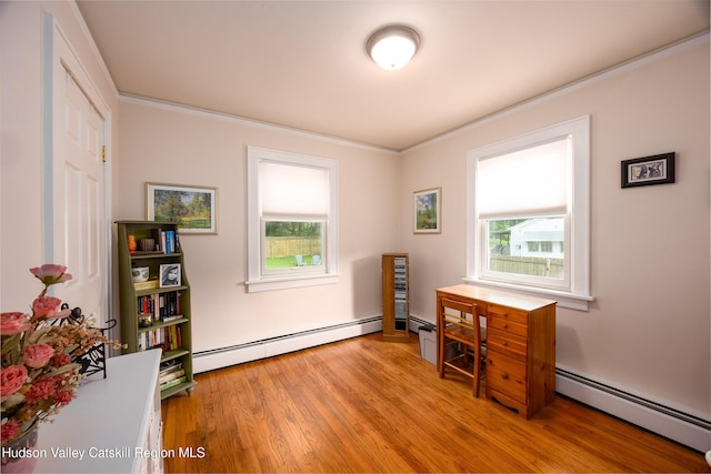 219 Rte 32, New Paltz, NY 12561 - home office with a baseboard heating unit, ornamental molding, and light wood-type flooring