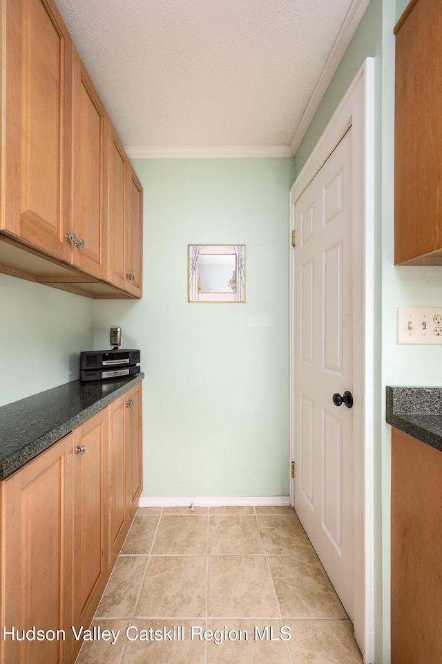 219 Rte 32, New Paltz, NY 12561 - kitchen featuring dark countertops, light tile patterned floors, and ornamental molding