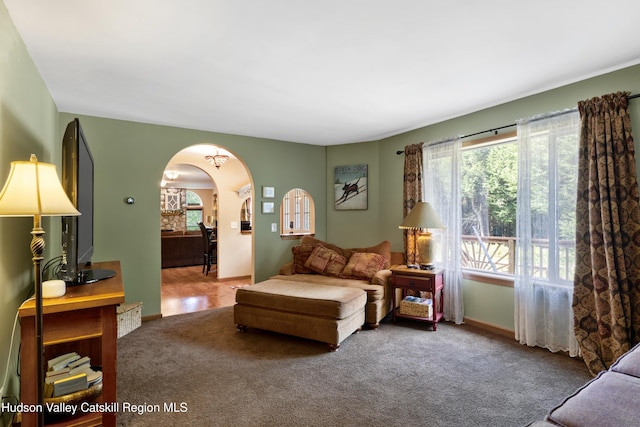 190 Deer Run Rd, Ashland, NY 12407 - living room with arched walkways, carpet, and baseboards