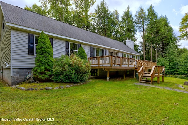 190 Deer Run Rd, Ashland, NY 12407 - back of property featuring roof with shingles, a wooden deck, a yard, and a chimney