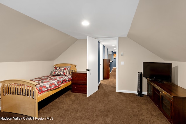 190 Deer Run Rd, Ashland, NY 12407 - bedroom featuring dark carpet, vaulted ceiling, and recessed lighting