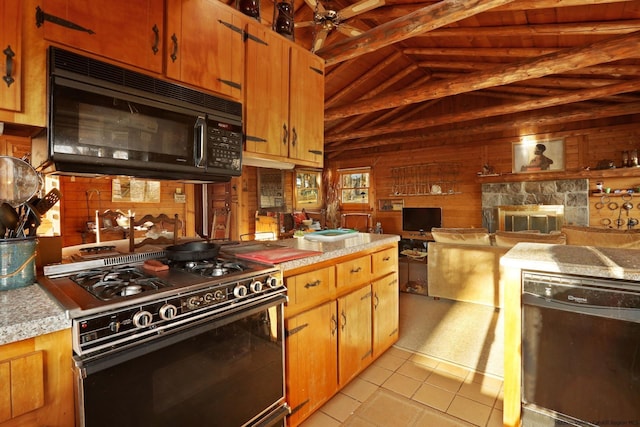 kitchen featuring black appliances, lofted ceiling with beams, wooden ceiling, wood walls, and light tile patterned flooring