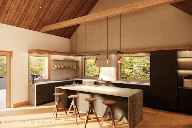 kitchen featuring high vaulted ceiling, a center island with sink, sink, light hardwood / wood-style flooring, and wood ceiling