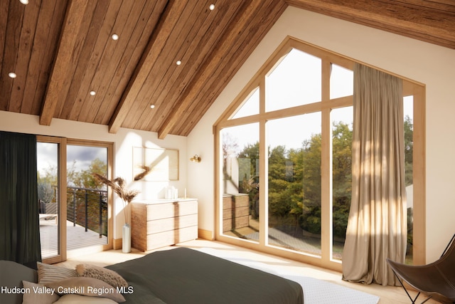 bedroom with beam ceiling, access to exterior, high vaulted ceiling, and multiple windows