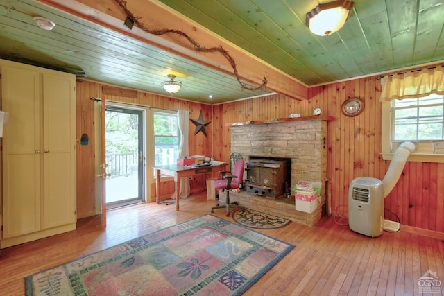 630 County Route 11, Ancram, NY 12502 - living room with wood ceiling, light wood-type flooring, and wood walls