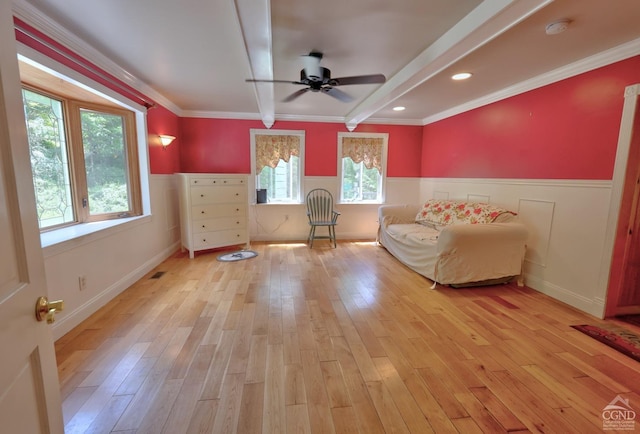 630 County Route 11, Ancram, NY 12502 - sitting room with a wainscoted wall, ceiling fan, light wood finished floors, ornamental molding, and beamed ceiling