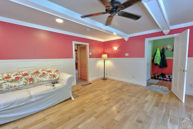 630 County Route 11, Ancram, NY 12502 - bedroom featuring beamed ceiling, wainscoting, light wood-style flooring, recessed lighting, and crown molding
