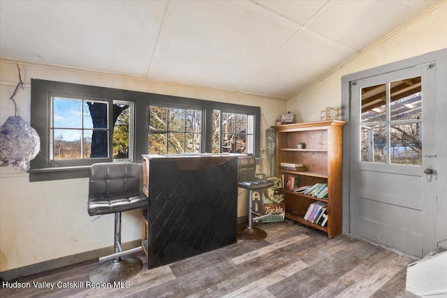 interior space featuring wood finished floors, ornamental molding, and lofted ceiling