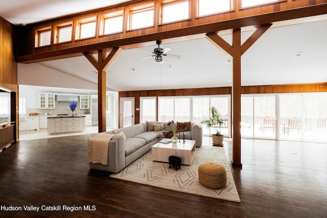 living room featuring ceiling fan, hardwood / wood-style floors, and lofted ceiling