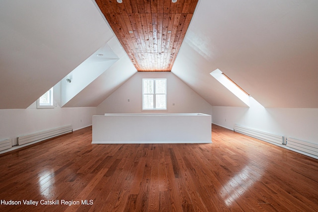 additional living space featuring vaulted ceiling, a baseboard radiator, wooden ceiling, and wood-type flooring