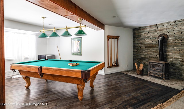 rec room featuring a wood stove, billiards, dark hardwood / wood-style flooring, and beamed ceiling