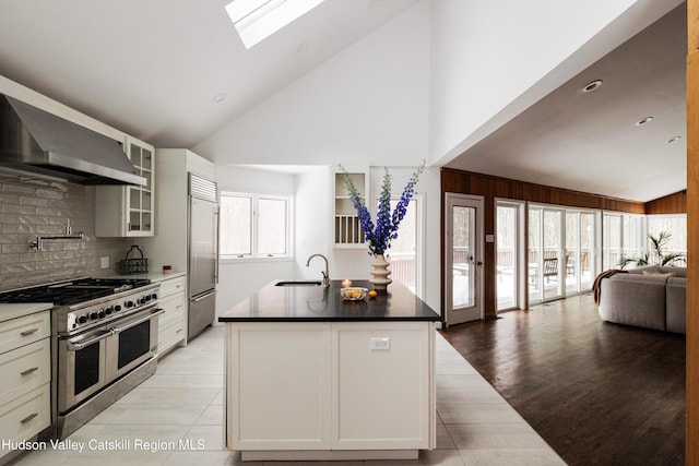 kitchen with premium appliances, sink, high vaulted ceiling, a skylight, and a center island with sink