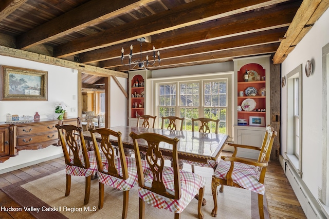 455 Post Hill Rd, Craryville, NY 12534 - dining space featuring wood-type flooring, a wooden ceiling with exposed beams, baseboard heating, and built in features