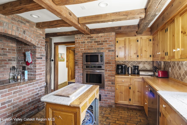 455 Post Hill Rd, Craryville, NY 12534 - kitchen with stainless steel appliances, brick flooring, decorative backsplash, beam ceiling, and butcher block countertops