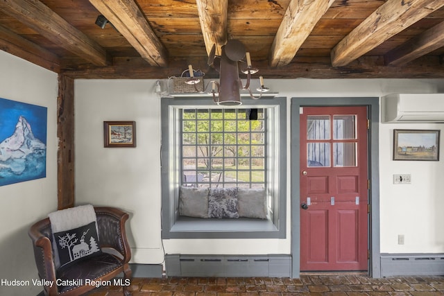 455 Post Hill Rd, Craryville, NY 12534 - foyer with a wall mounted air conditioner, a wooden ceiling with exposed beams, brick patterned floors, and a baseboard radiator