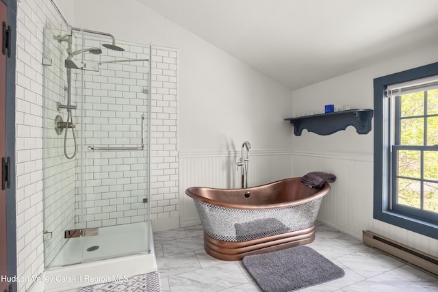 455 Post Hill Rd, Craryville, NY 12534 - bathroom with baseboard heating, lofted ceiling, marble finish flooring, a stall shower, and a wainscoted wall