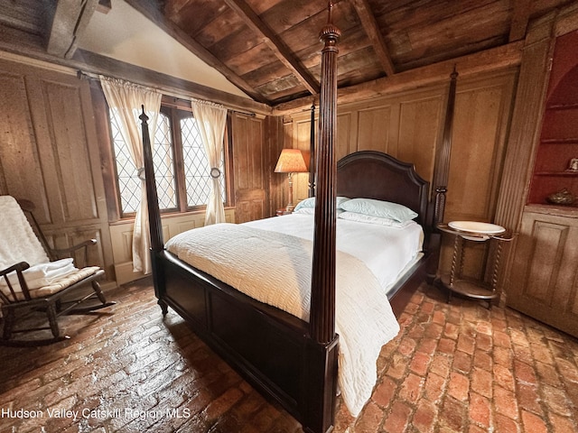 455 Post Hill Rd, Craryville, NY 12534 - bedroom with wood ceiling, brick flooring, and wooden walls