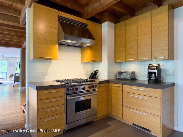 94 The Middle Way, Mount Tremper, NY 12457 - kitchen with high end stainless steel range, exhaust hood, tasteful backsplash, wood ceiling with exposed beams, and dark countertops