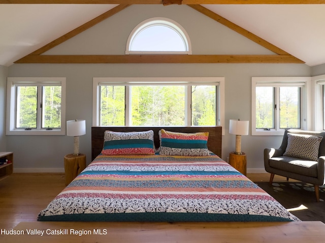 94 The Middle Way, Mount Tremper, NY 12457 - bedroom with lofted ceiling, baseboards, and wood finished floors