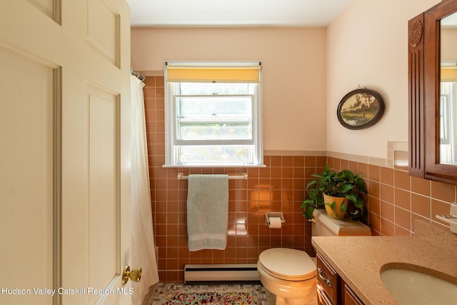 17 Stephen Dr, Hudson, NY 12534 - full bathroom with a baseboard heating unit, vanity, tile walls, and a shower with curtain