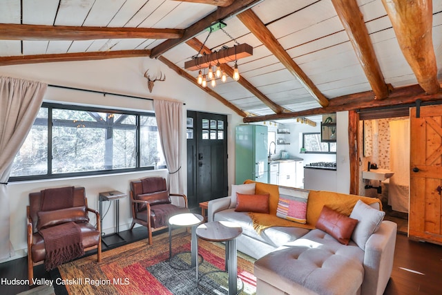 living room with wooden ceiling, dark hardwood / wood-style flooring, a chandelier, and vaulted ceiling with beams