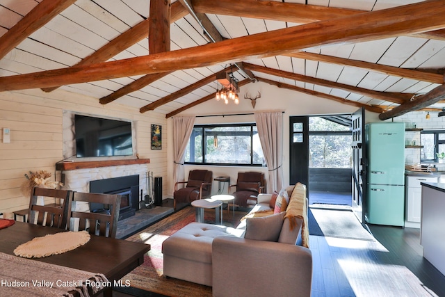 living room with dark wood-type flooring, wood ceiling, vaulted ceiling with beams, and wooden walls