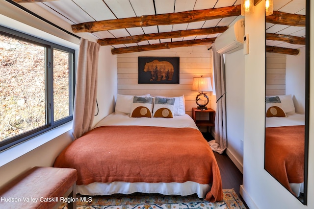 bedroom featuring lofted ceiling with beams, wood ceiling, wooden walls, and wood-type flooring