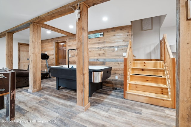 552 Bearkill Rd, Gilboa, NY 12076 - playroom featuring wood finished floors, wood walls, beamed ceiling, and recessed lighting