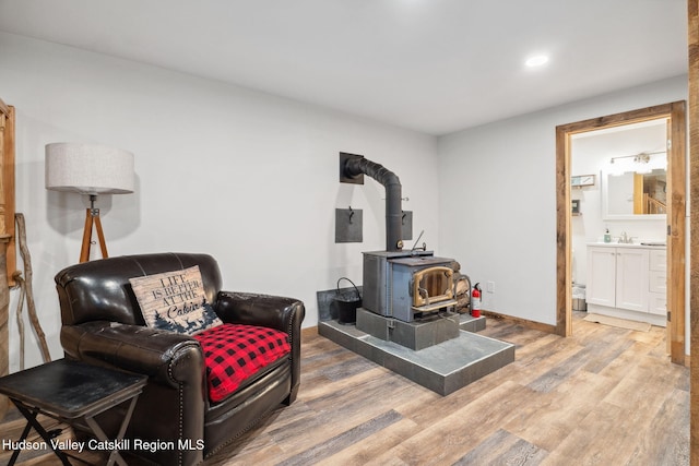 552 Bearkill Rd, Gilboa, NY 12076 - living area with a wood stove, wood finished floors, and recessed lighting
