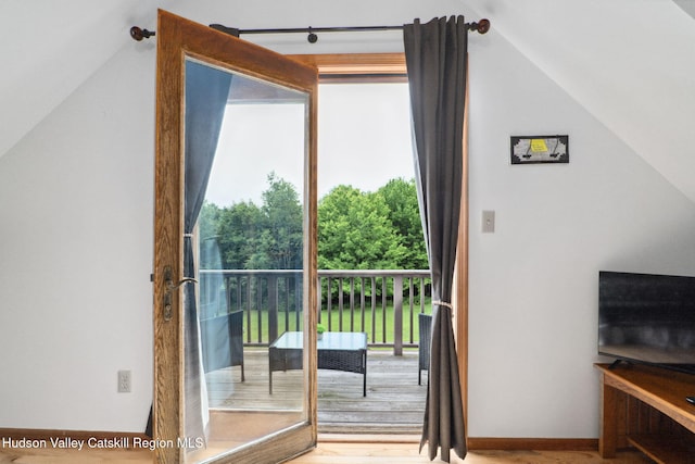 552 Bearkill Rd, Gilboa, NY 12076 - doorway with lofted ceiling and wood finished floors