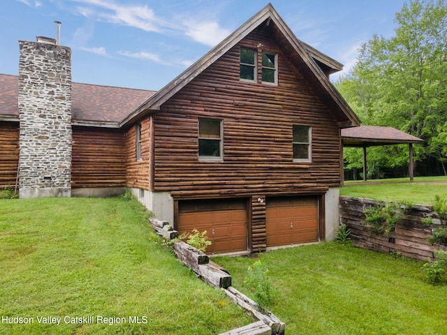 552 Bearkill Rd, Gilboa, NY 12076 - view of side of property with an attached garage, a yard, a shingled roof, and a chimney