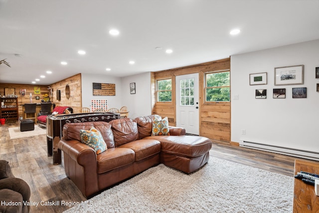 552 Bearkill Rd, Gilboa, NY 12076 - living room featuring a baseboard radiator, wood finished floors, and recessed lighting