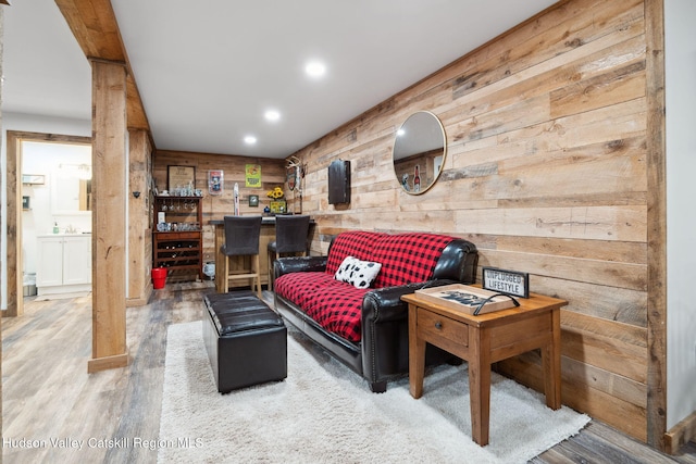 552 Bearkill Rd, Gilboa, NY 12076 - living room with wood walls, wood finished floors, and recessed lighting