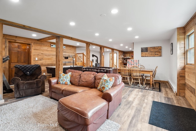 552 Bearkill Rd, Gilboa, NY 12076 - living area featuring wood walls, light wood-style floors, baseboard heating, stairs, and recessed lighting