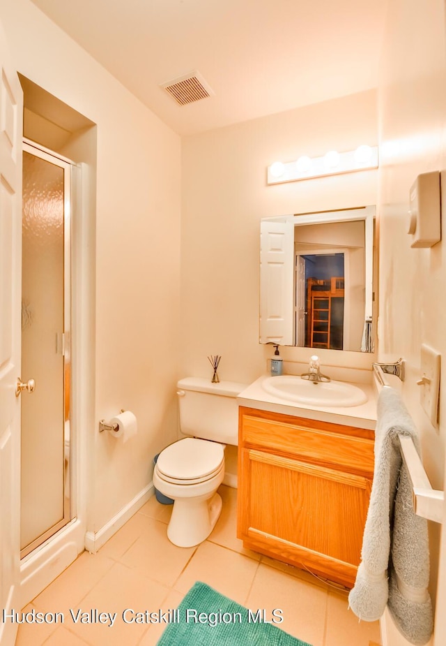 full bathroom with a shower stall, tile patterned flooring, vanity, and toilet