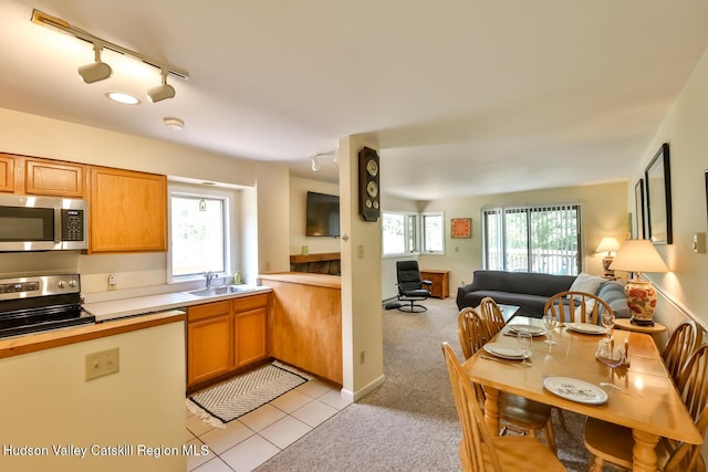 kitchen featuring rail lighting, appliances with stainless steel finishes, open floor plan, a sink, and light countertops