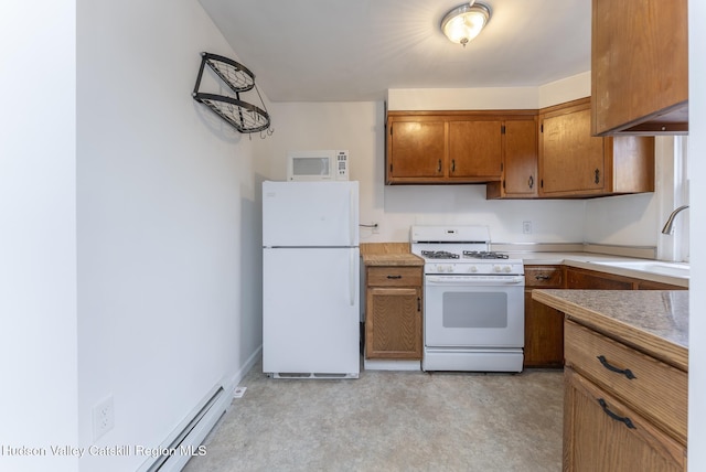 kitchen featuring a sink, white appliances, brown cabinetry, light countertops, and baseboards