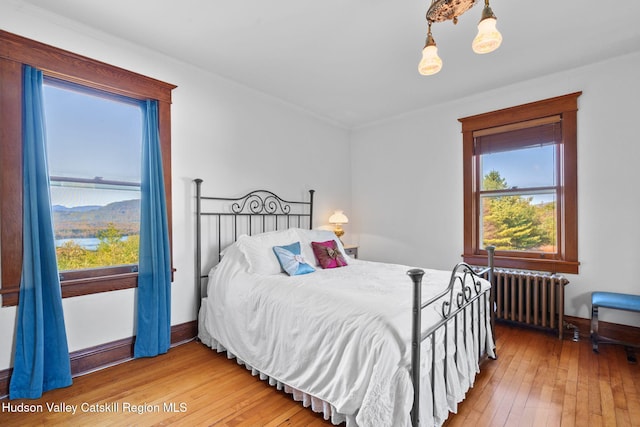 bedroom featuring radiator, crown molding, and hardwood / wood-style flooring