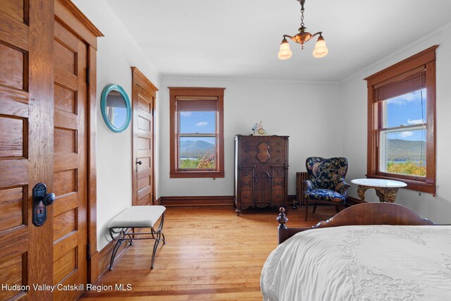 bedroom with a notable chandelier and light wood-type flooring