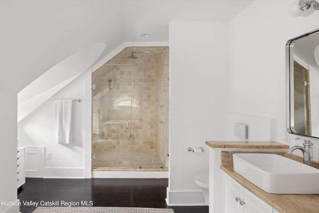 bathroom featuring toilet, vanity, hardwood / wood-style floors, and walk in shower