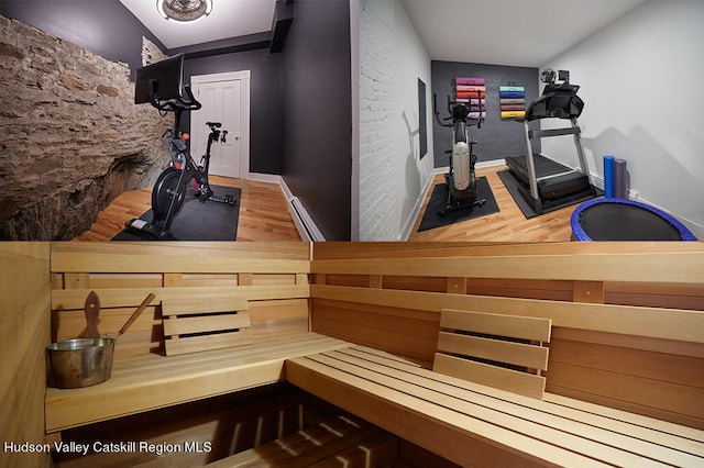 view of sauna featuring hardwood / wood-style floors