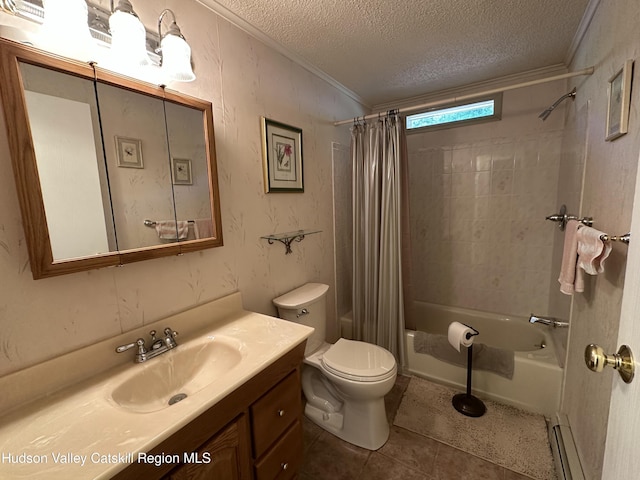 50 County Rte 26, Coxsackie, NY 12192 - full bathroom with crown molding, a textured ceiling, vanity, shower / bath combo, and toilet