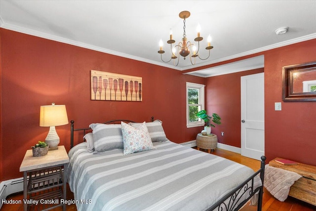 162 Methodist Farm Rd, Averill Park, NY 12018 - bedroom with a chandelier, wood finished floors, crown molding, and a baseboard radiator