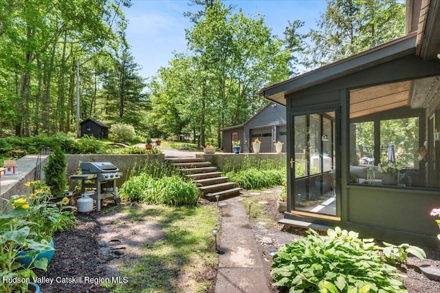 162 Methodist Farm Rd, Averill Park, NY 12018 - view of yard featuring a sunroom, a storage unit, and stairs