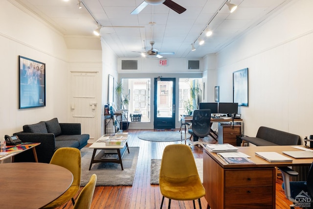 526-528 Warren St, Hudson, NY 12534 - living room with rail lighting, a ceiling fan, a desk, and hardwood / wood-style floors