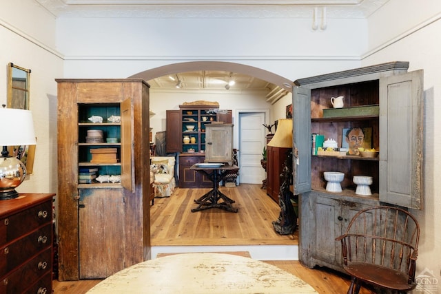 526-528 Warren St, Hudson, NY 12534 - hall featuring arched walkways, wood finished floors, and ornamental molding