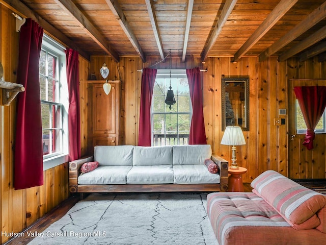 living room with beamed ceiling, wood walls, wood ceiling, and a wealth of natural light