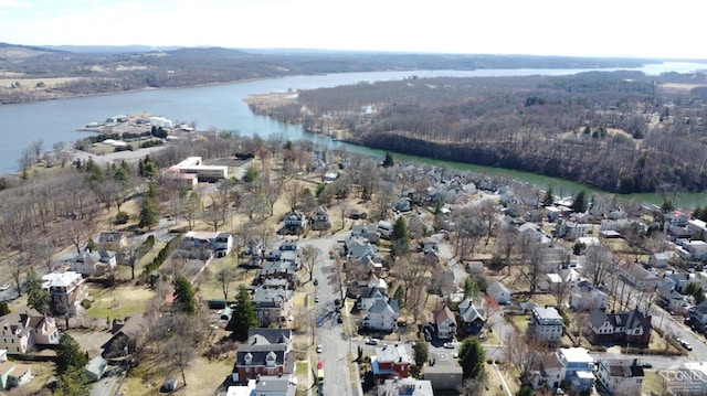 22 Liberty St, Catskill, NY 12414 - aerial overview of property's location featuring a large body of water, nearby suburban area, and a heavily wooded area