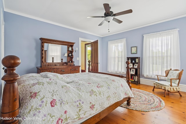 279 Maybie Rd, Gilboa, NY 12076 - bedroom with crown molding, wood finished floors, and ceiling fan